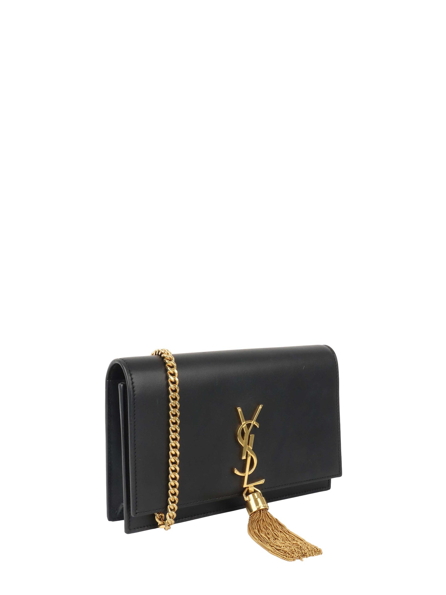 Saint Laurent Small Black Kate Wallet on Chain with Gold Tassel.