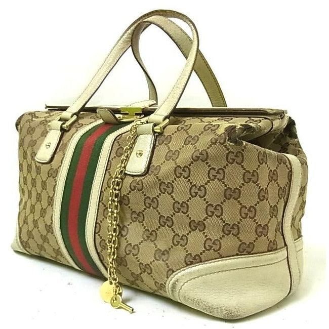 Gucci Vintage Pursesdesigner Purses Brown Large G Print Canvas And White Leather With Red And Green