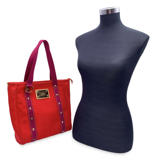 LOUIS VUITTON Red Magenta Cabas Mm Antigua Tote Bag Handbag