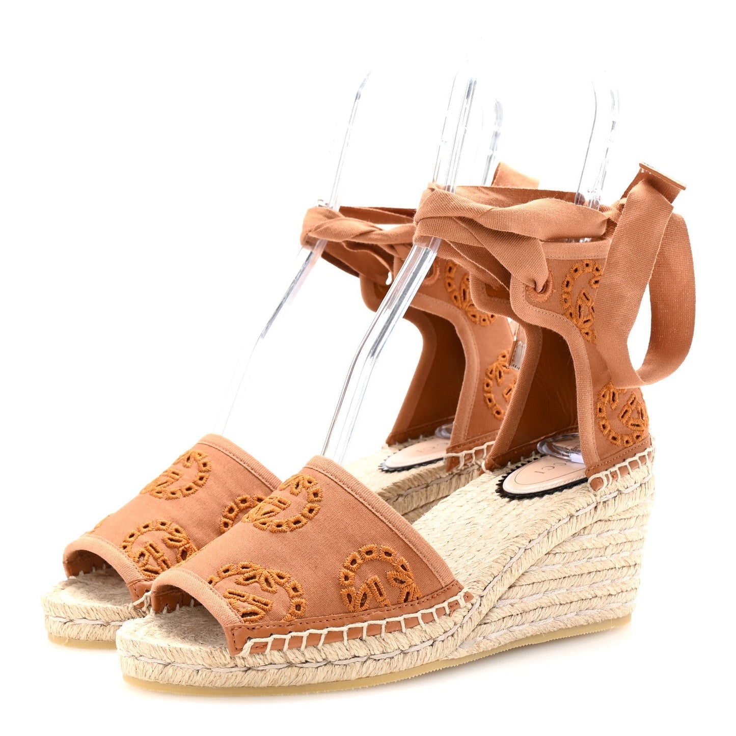 Gucci Canvas Damita GG Eyelet Espadrille Wedge Sandals 37 Blondie Cognac