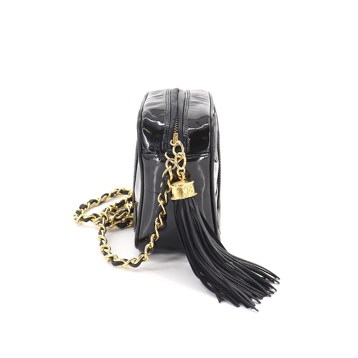 Chanel Here Mark Fringe Chain Shoulder Bag Enamel Leather Black Gold Metal Fittings