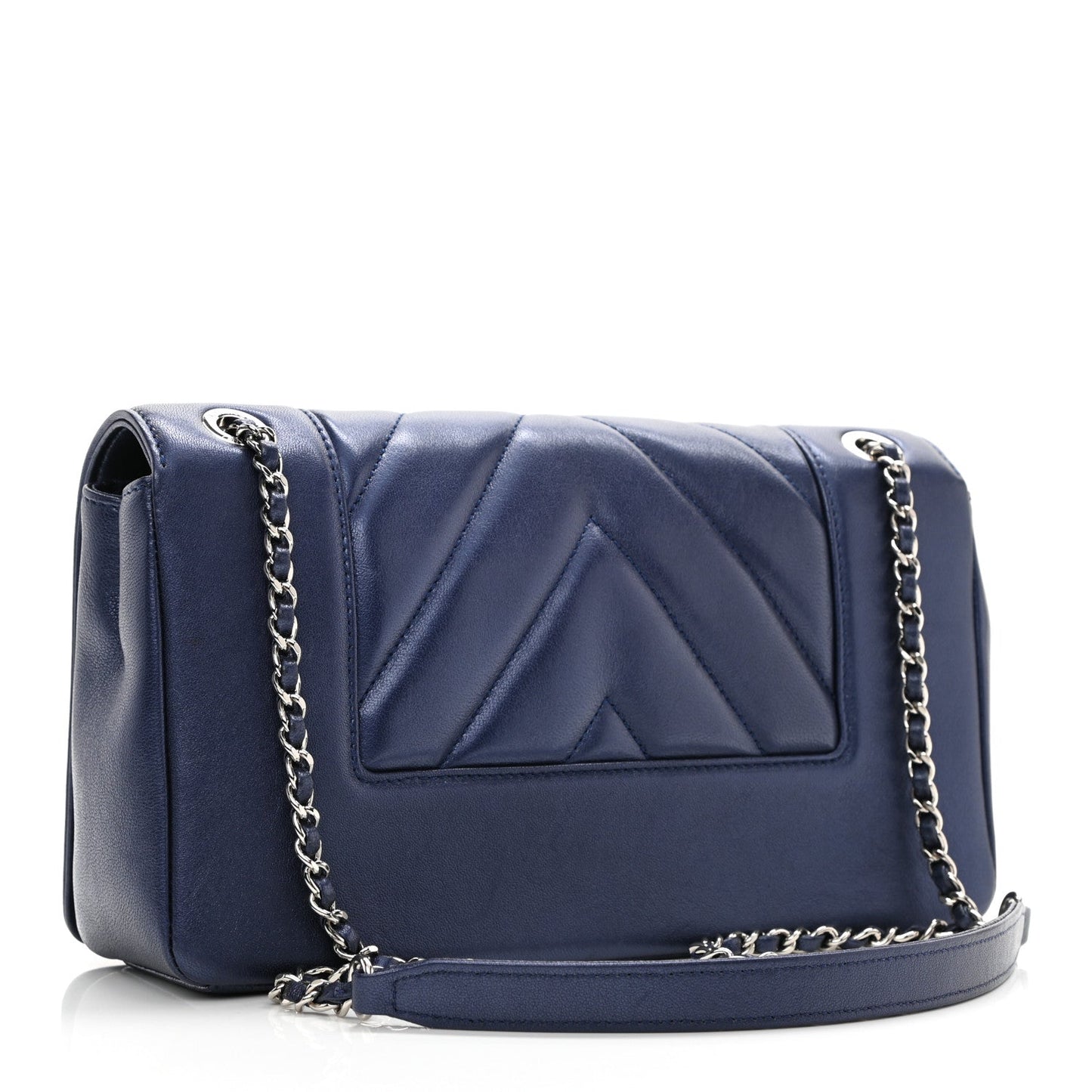 Chanel Metallic Sheepskin Chevron Quilted Medium Vintage Mademoiselle Flap Navy