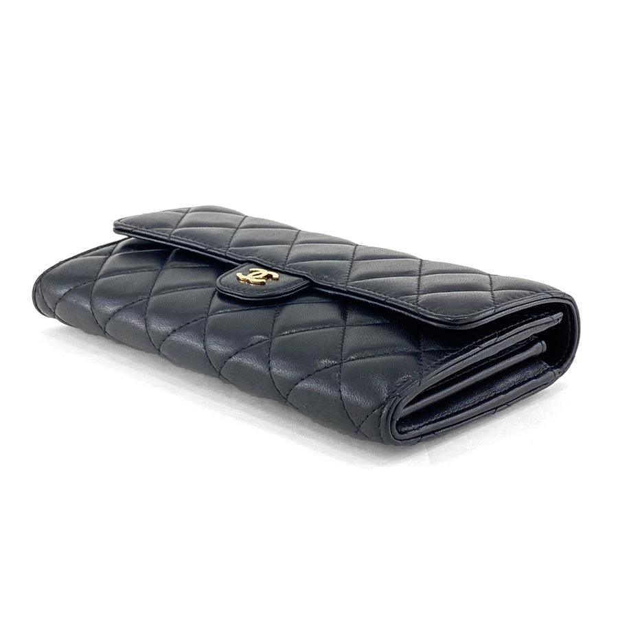 Chanel Long Wallet Classic Flap Matrasse Heremark Lambskin Black Gold Hardware