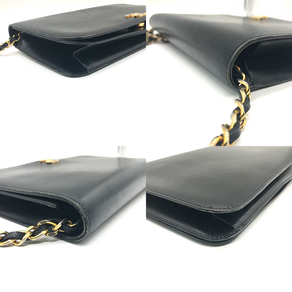 Chanel Leather Chain Shoulder Bag Black Gold Classic Flap