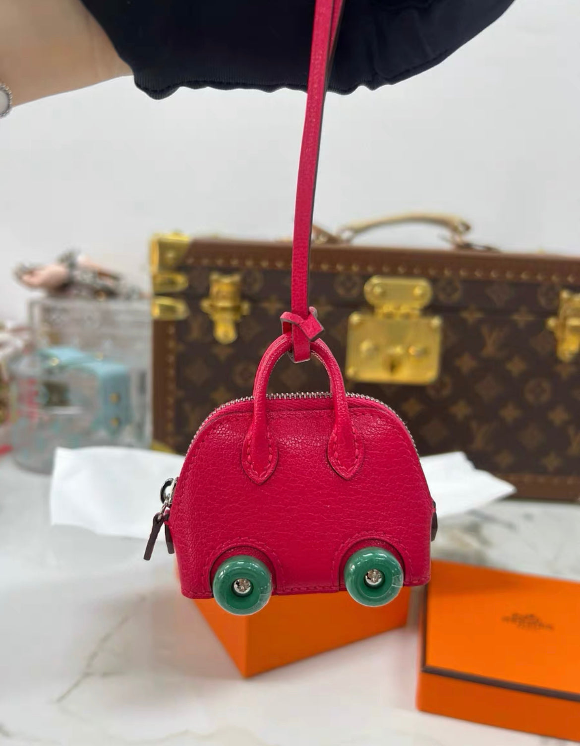 Hermes Bolide on Wheels Charm?Rose extreme/Vert vertigo Chevre chamkila goatskin Silver hardware