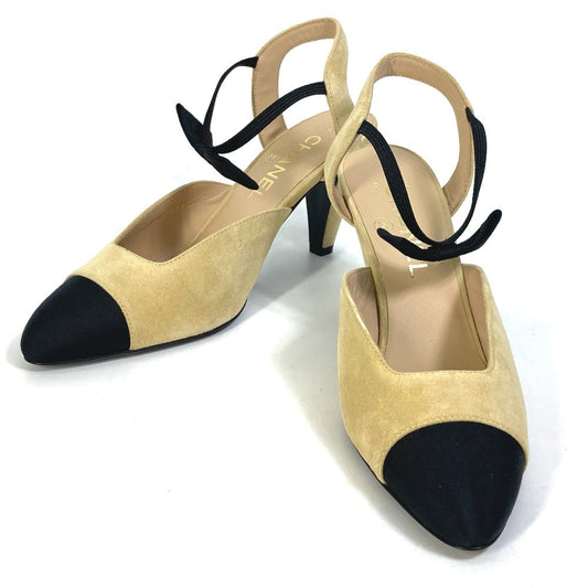 CHANEL Mule G36360 Canvas/Suede , Canvas/Suede Beige x black Heel CC logo COCO Mark Ribbon bicolor Women 37