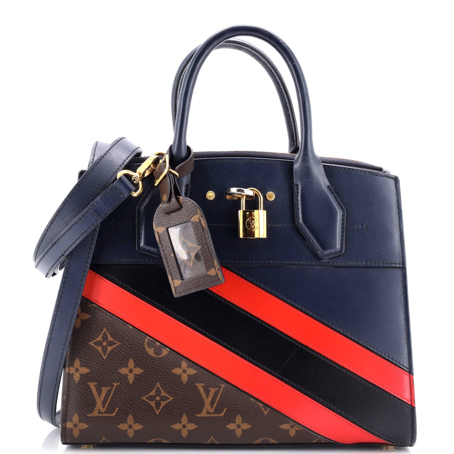 Louis Vuitton City Steamer Handbag Limited Edition Striped Leather with Monogram Canvas PM
