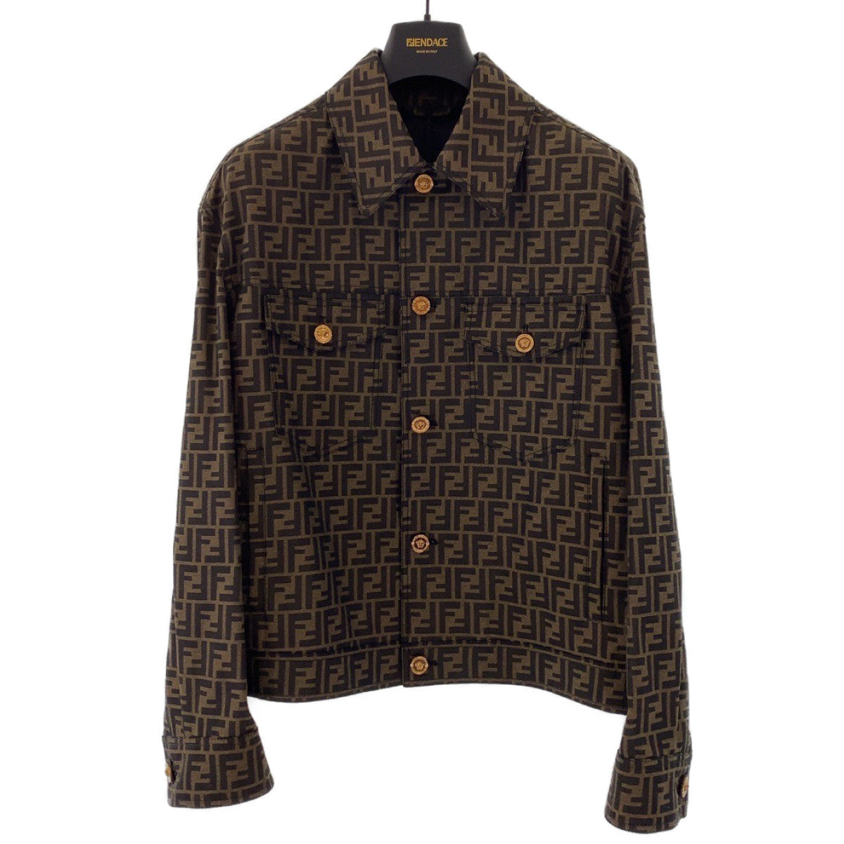 FENDI tailored jacket Polyester, Cotton Brown Zucca Pattern Medusa Jacquard Blazer Jacket FENDACE Fender Zucca Pattern Medusa Fendi Versace collaboration mens 52