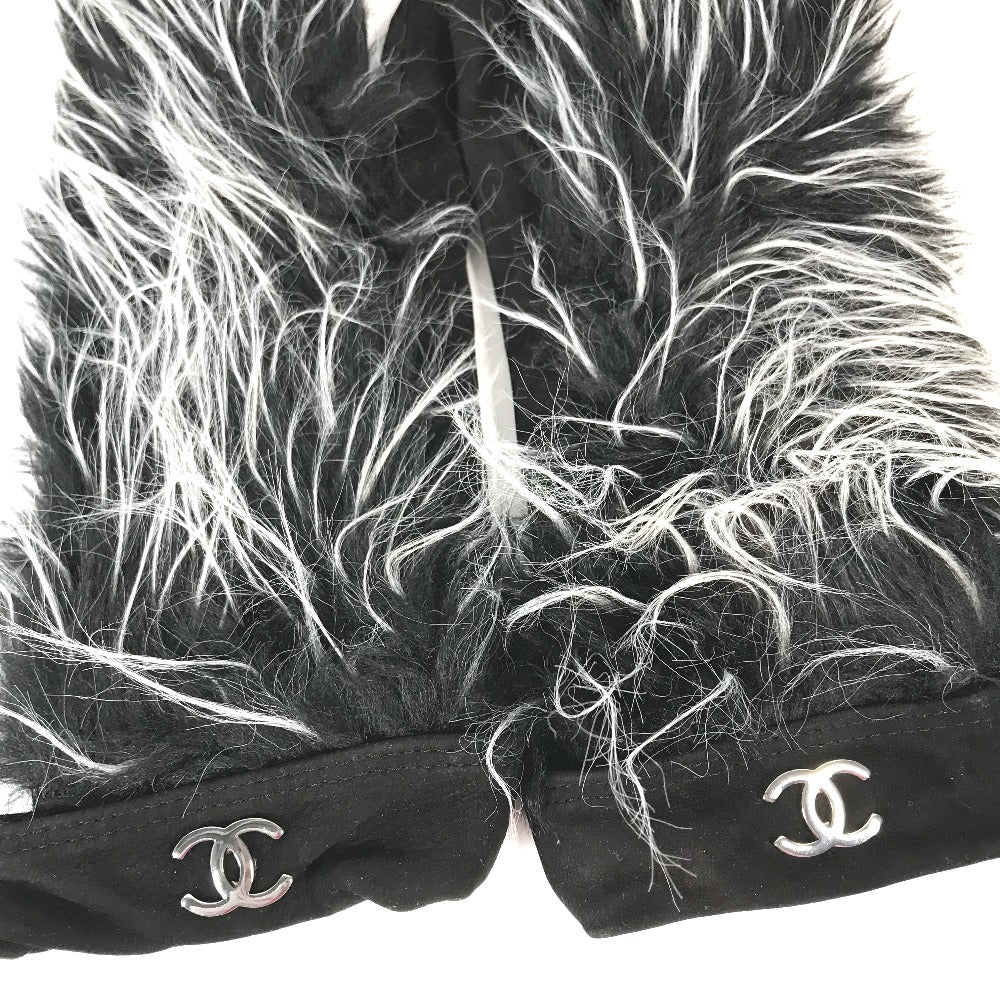 CHANEL Glove Nubuck black mitten type CC COCO Mark Fur Women 7.5