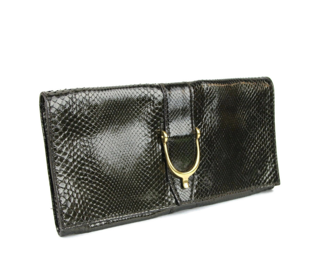 Gucci Soft Stirrup Dark Green Python Large Clutch Bag