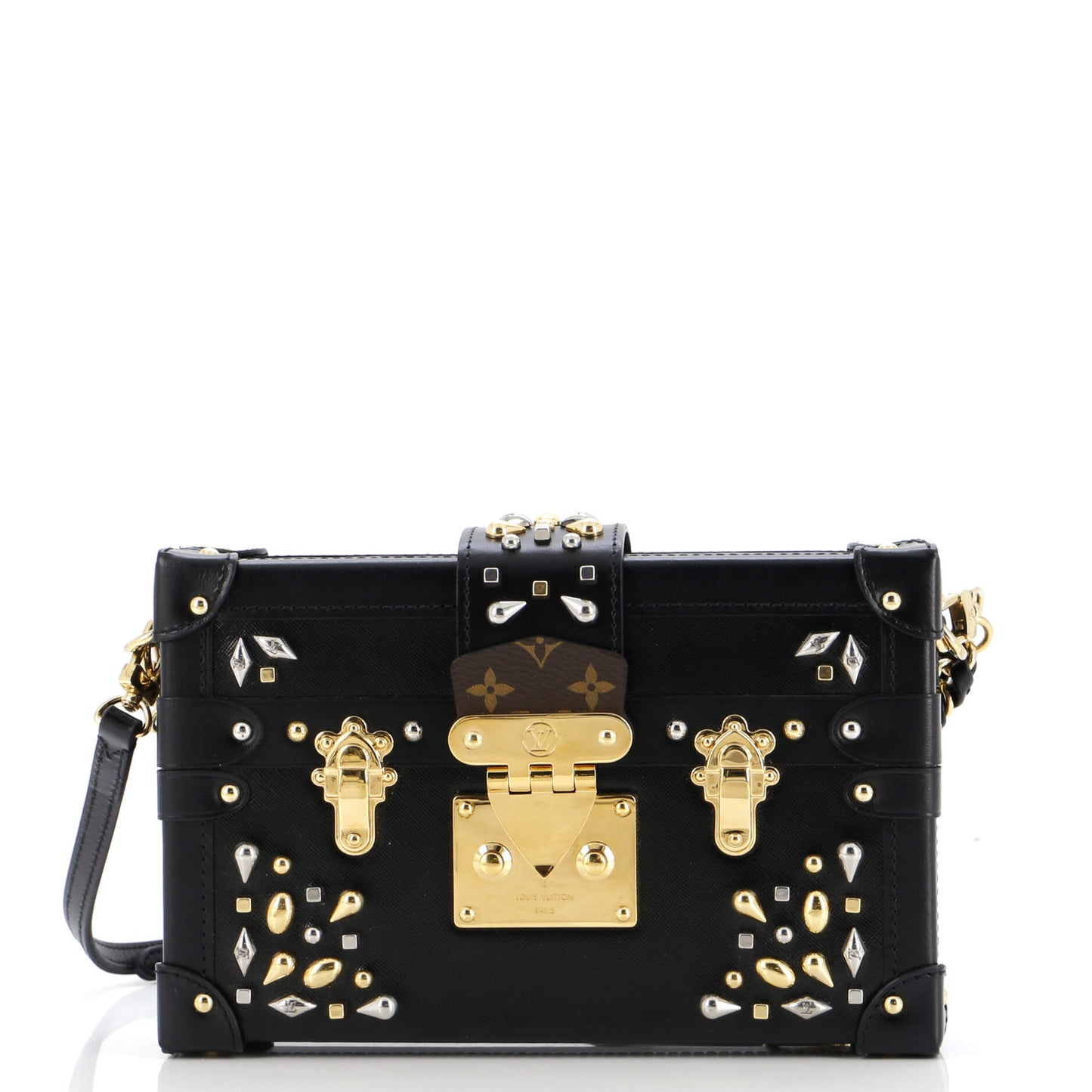 Louis Vuitton Petite Malle Handbag Studded Taiga Leather and Monogram Canvas
