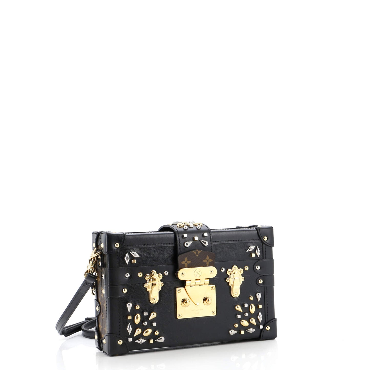 Louis Vuitton Petite Malle Handbag Studded Taiga Leather and Monogram Canvas