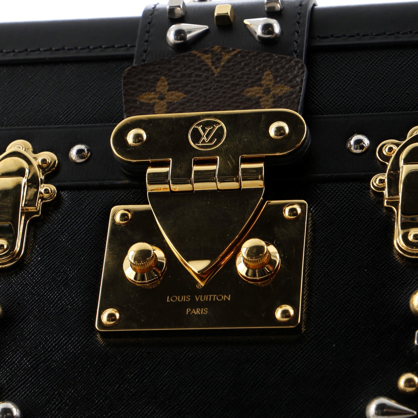 Louis Vuitton Petite Malle Handbag Studded Taiga Leather and Monogram Canvas