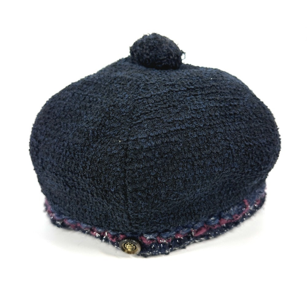 CHANEL Knit hat cotton Navy Glitter logo with pom-pom CC COCO Mark Tweed Women 57
