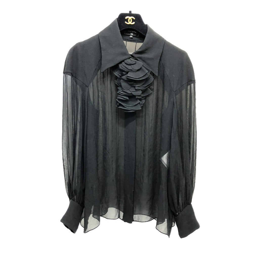 CHANEL blo  P55115 silk black Apparel long sleeve tops See-through Camellia Brooch Women 34