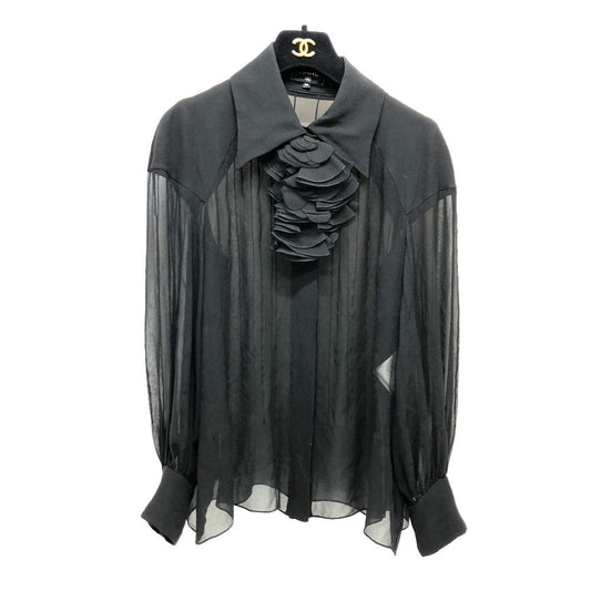 CHANEL blo  P55115 silk black Apparel long sleeve tops See-through Camellia Brooch Women 34