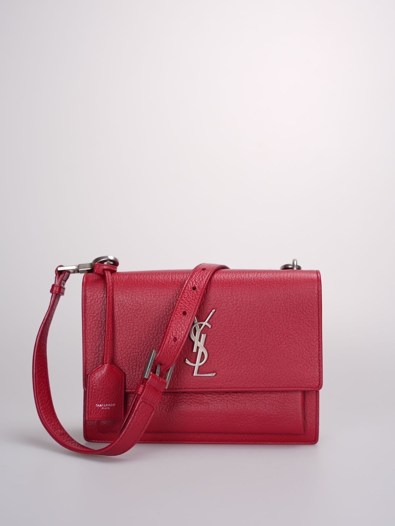 Saint Laurent Grained Calfskin Medium Monogram Sunset Bag in  Satchel Red