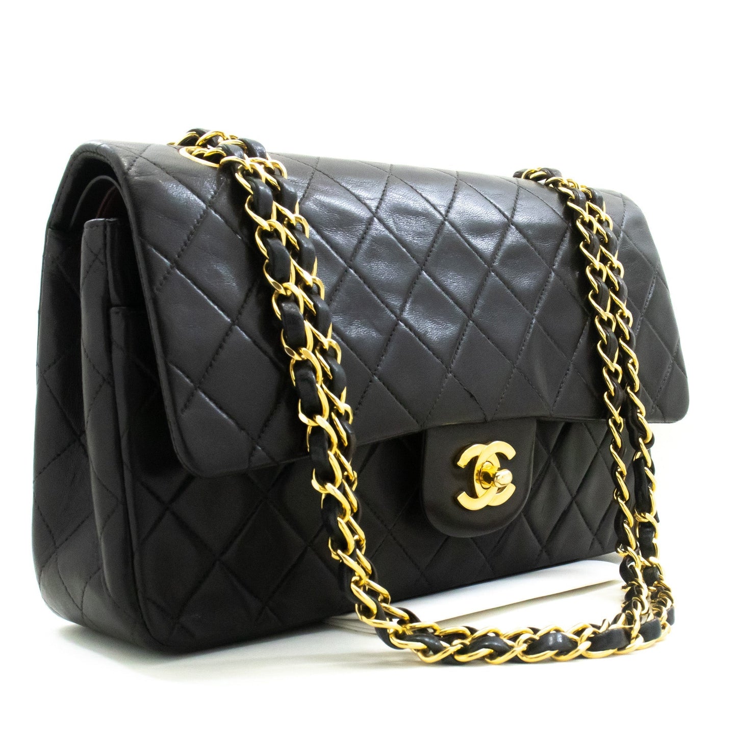 CHANEL Classic Double Flap 10" Chain Shoulder Bag Black Lambskin
