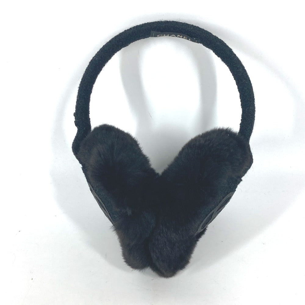 CHANEL Earmuff fur black ear warmers Camellia Stone CC COCO Mark logo Women