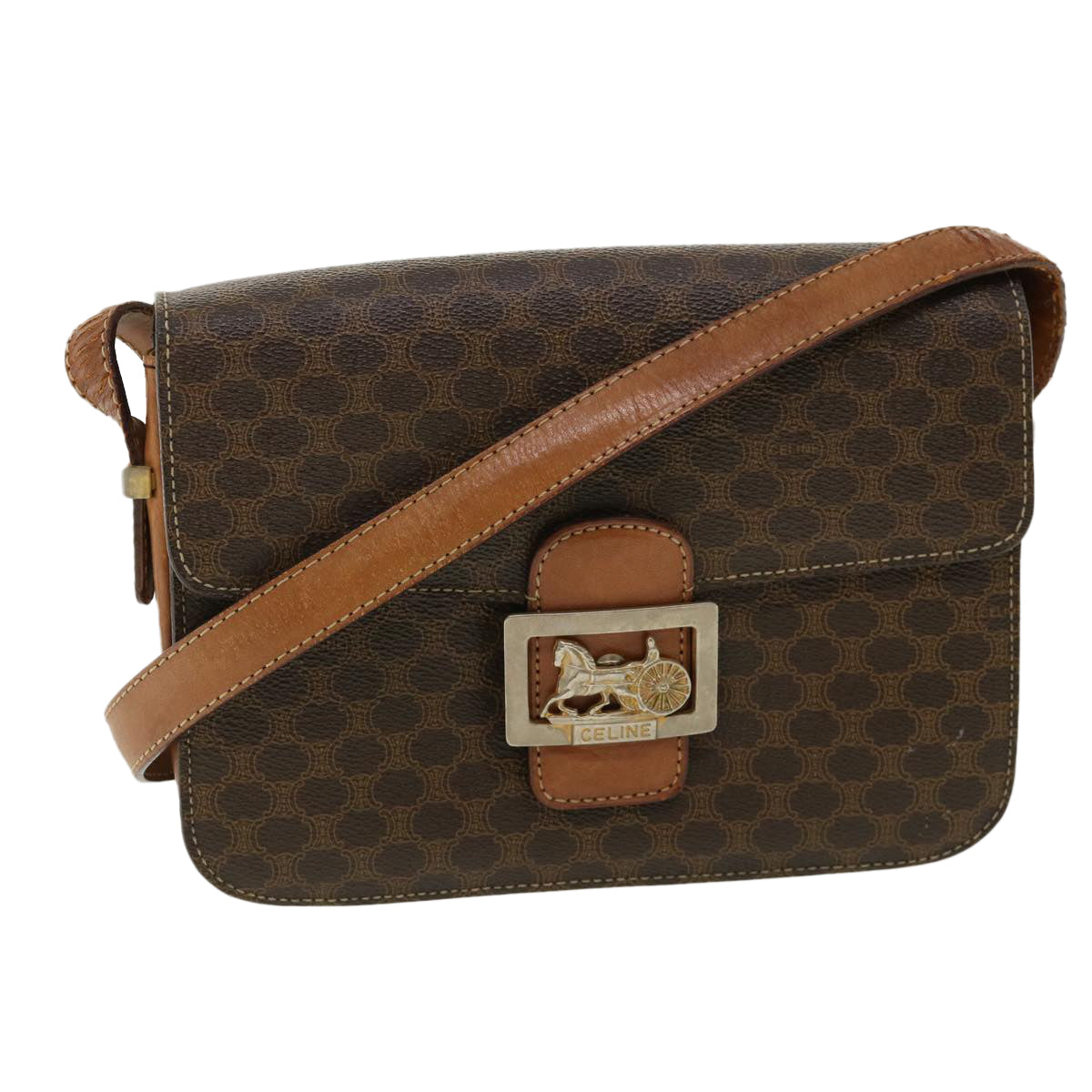 Luxury CELINE Macadam Canvas Shoulder Bag PVC Leather Brown  32152