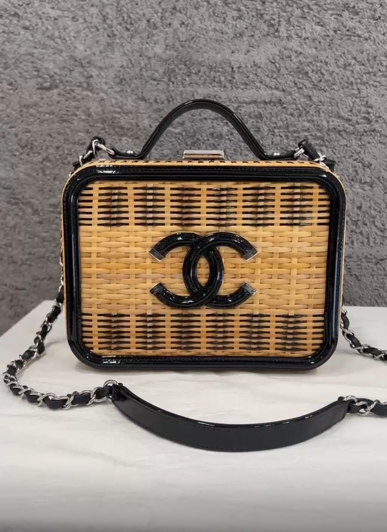 Chanel Vanity Case Beige & Black, Rattan, Patent Calfskin & Silver-Tone Metal