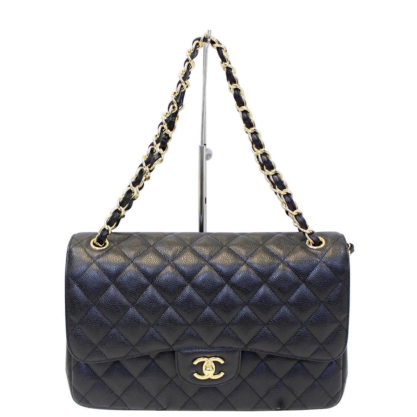 CHANEL Classic Jumbo Caviar Leather Double Flap Shoulder Bag Black