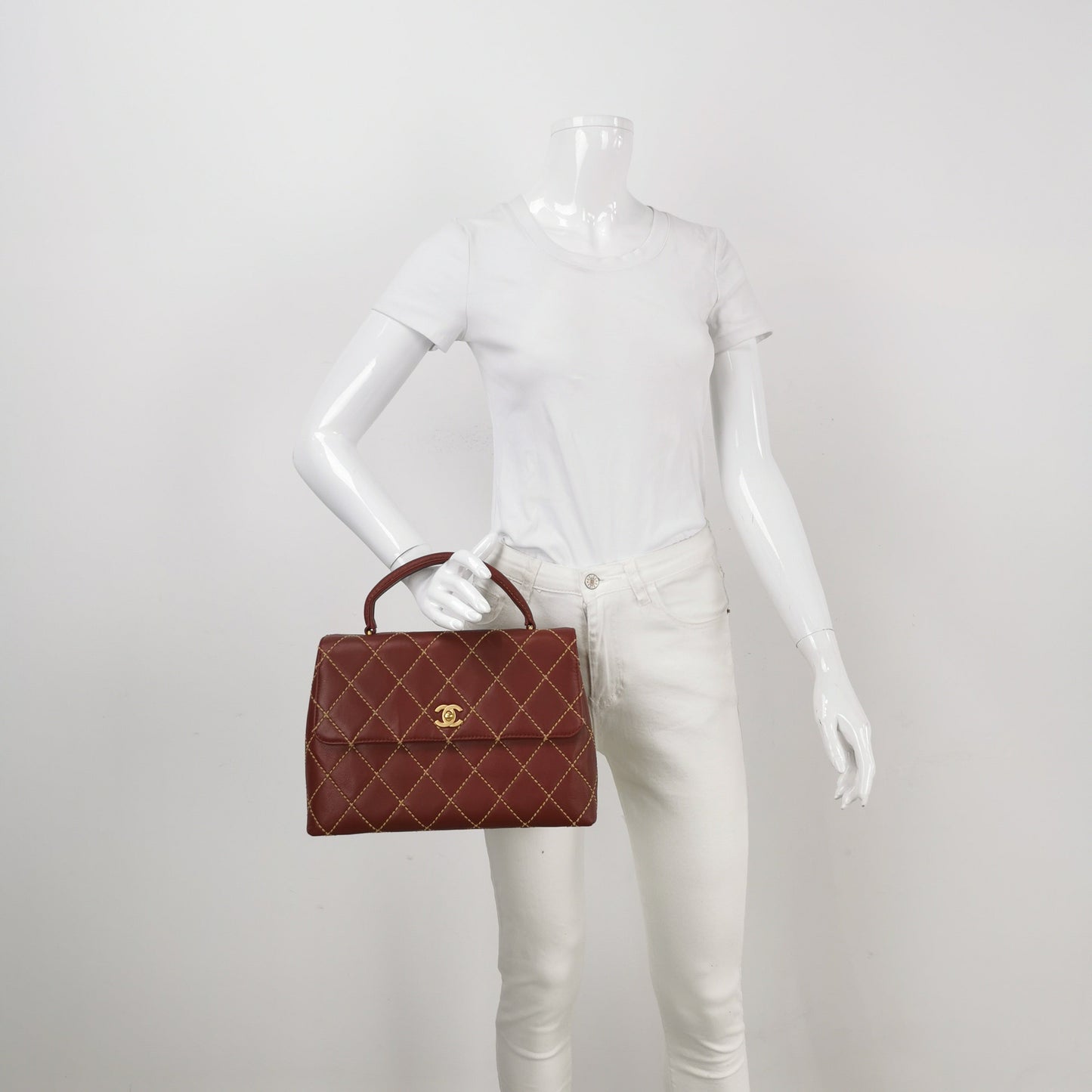 Chanel Vintage Top Handle Kelly Wild Stitch Burgundy Calfskin Leather Gold Hardware 2004-2005