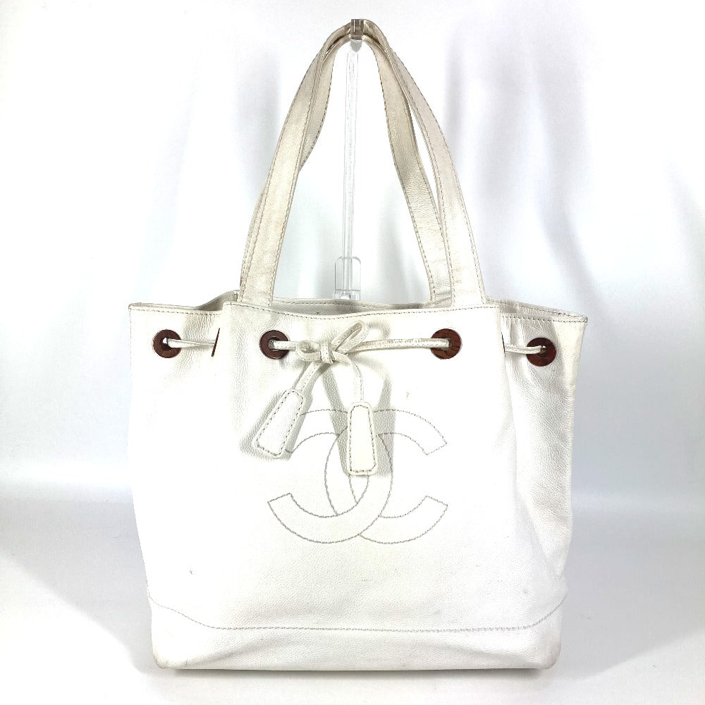 CHANEL Shoulder Bag Caviar skin white vintage CC COCO Mark logo drawstring bag Women