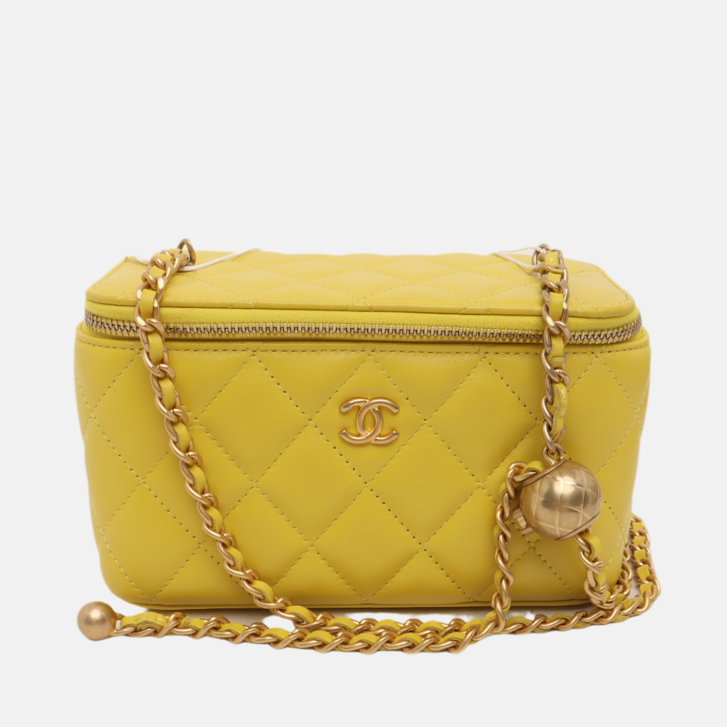 Chanel Vanity Case Mini Lambskin Leather Yellow Gold Ball Adjustable Strap, Chip