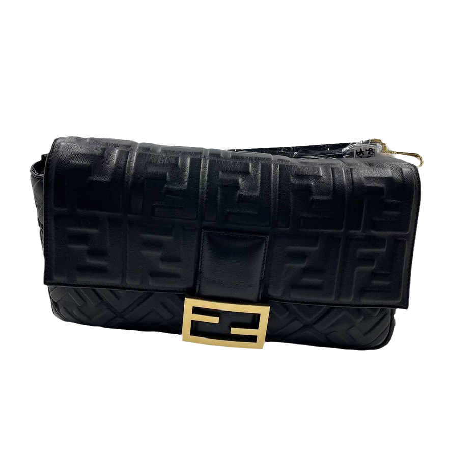 Fendi Baguette Black Leather 3D FF Motif Crossbody bag Large