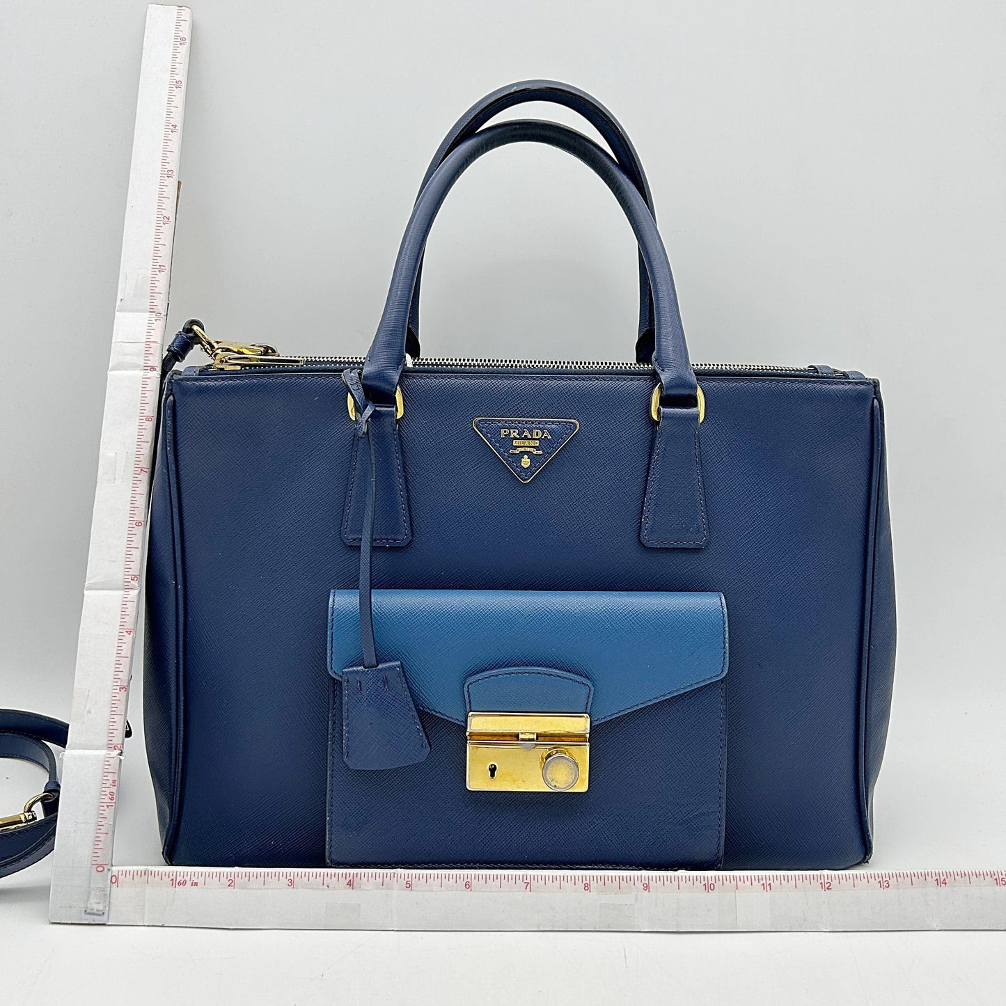 PRADA Bicolor Saffiano Lux Leather Pocket Tote Bag LA1425