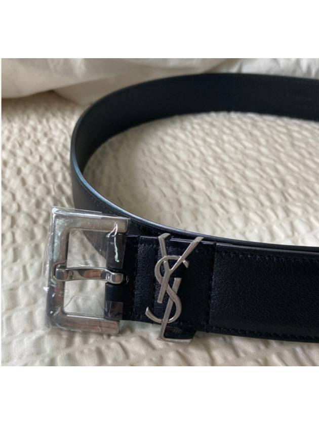 Luxury Saint Laurent Trending 2025 Square Buckle Cassandre Thin Leather Belt Black