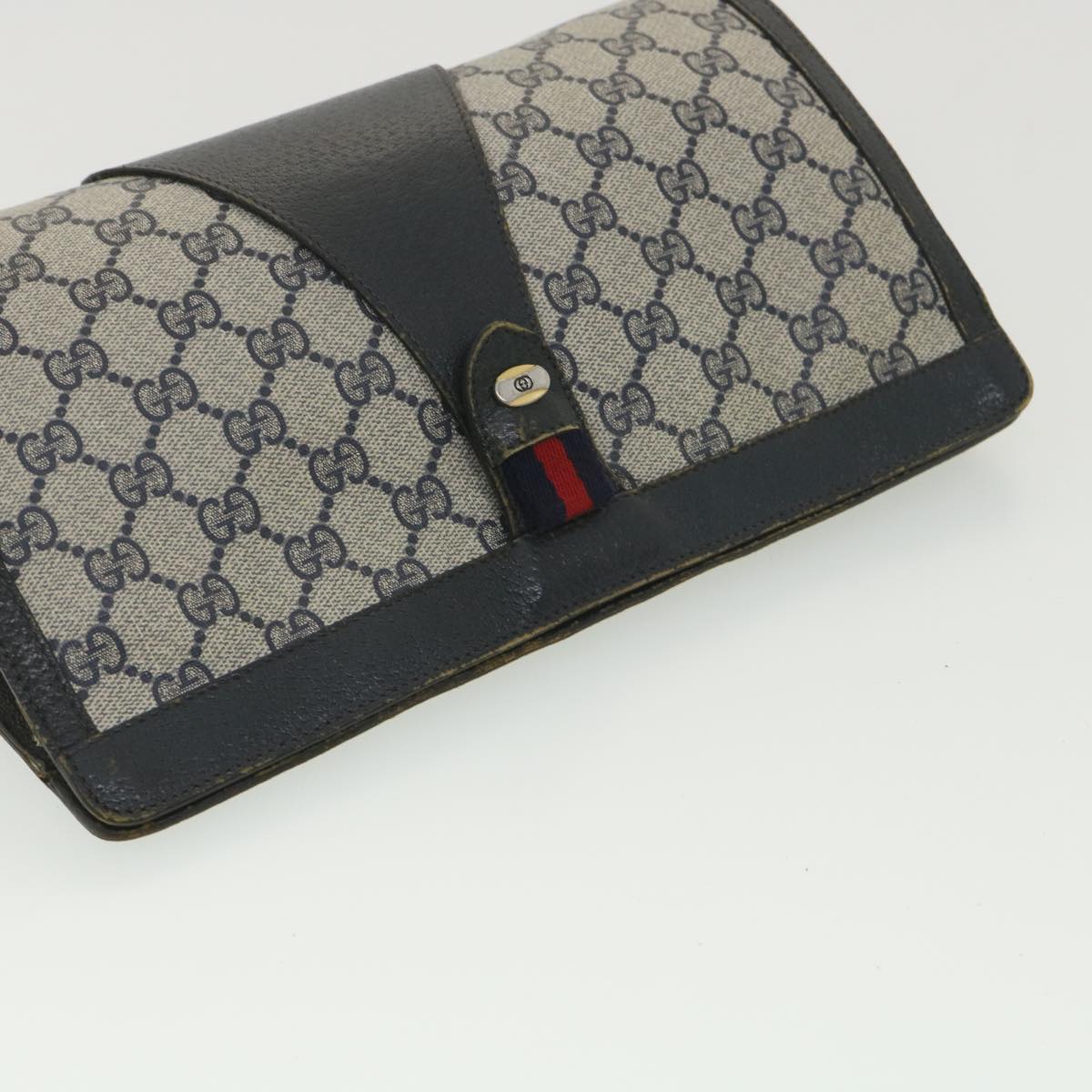 GUCCI Sherry Line GG Canvas Clutch Bag PVC Leather Navy Red 89  36432