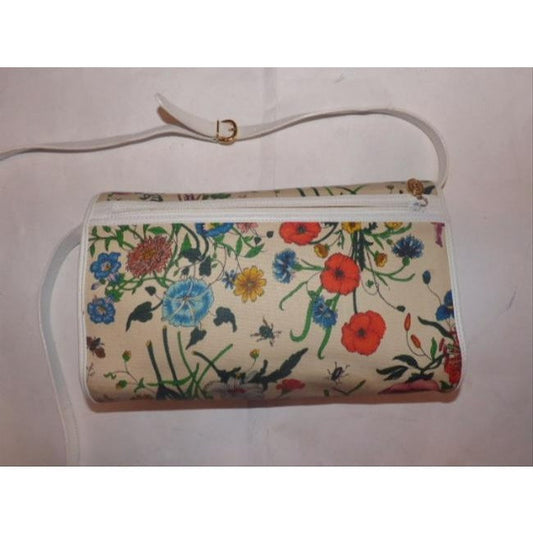 Gucci Vintage Two Way Multicolored Floral Print Canvas And White Leather Cross Body