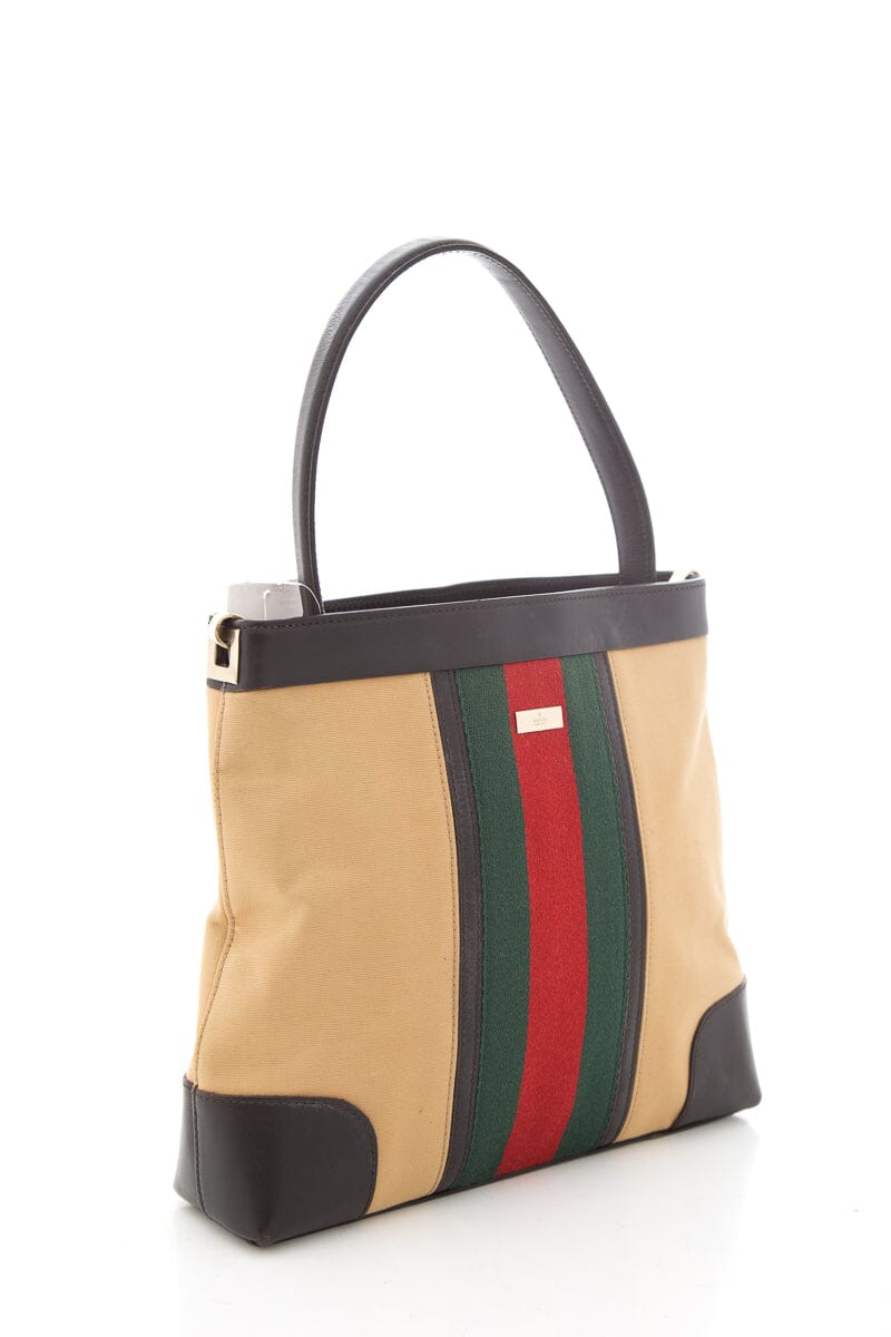 Gucci Web Tan Leather Canvas Shoulder Bag
