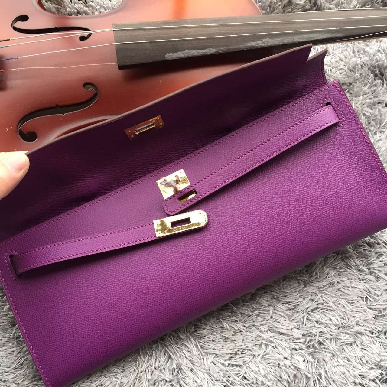 Luxury Hermes Purple Handcrafted Kelly Cut Clutch
