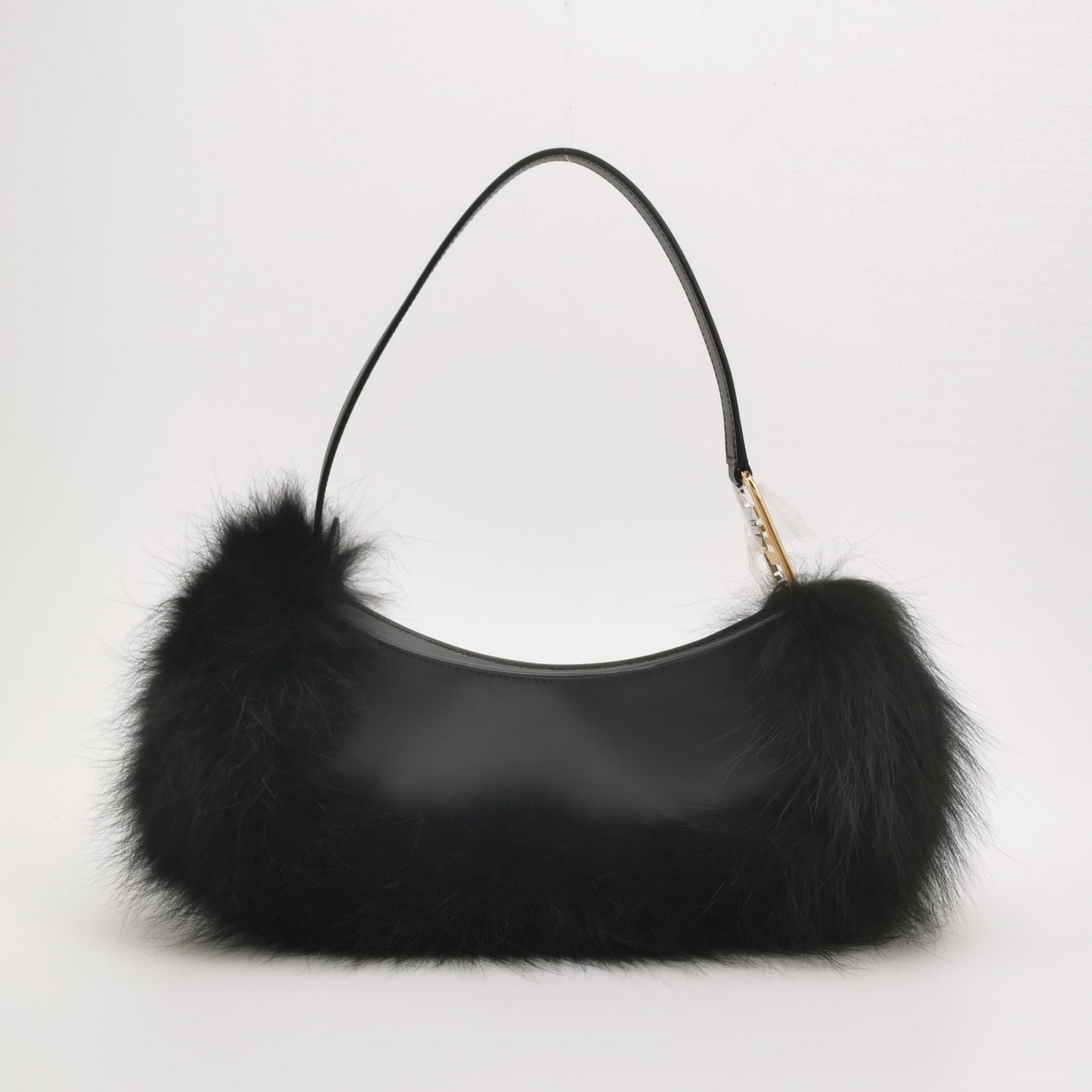 FENDI O Lock Black Leather and Faux Fur Shoulder Bag