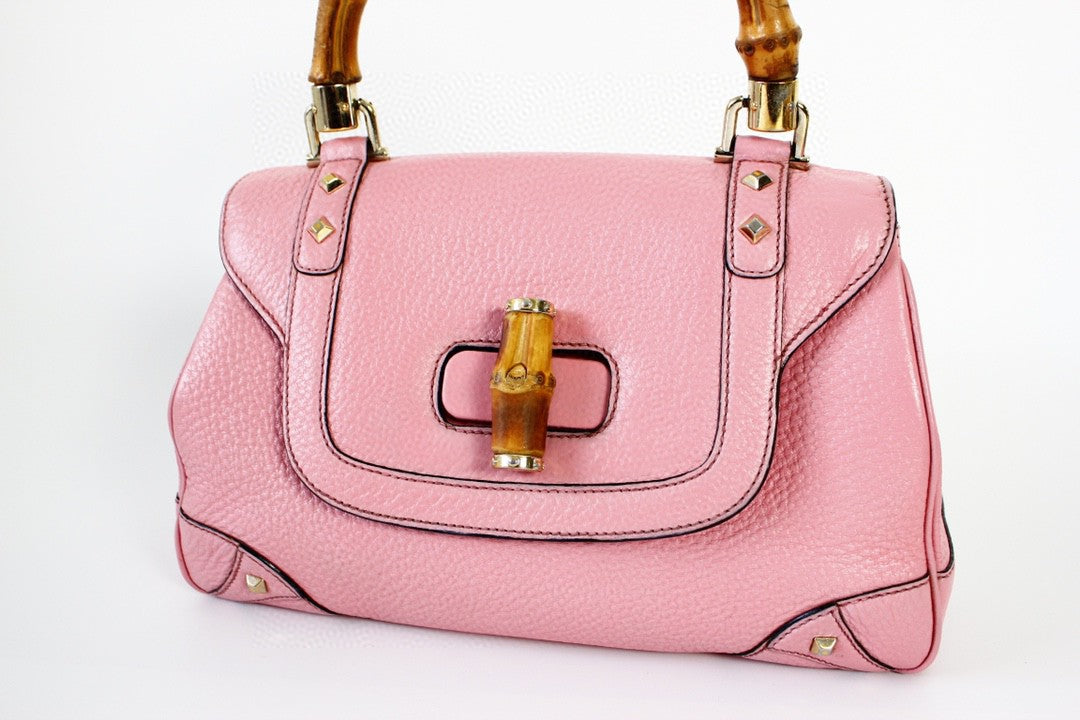 Gucci Bamboo Top Handle Bag Leather Medium Pink Studs