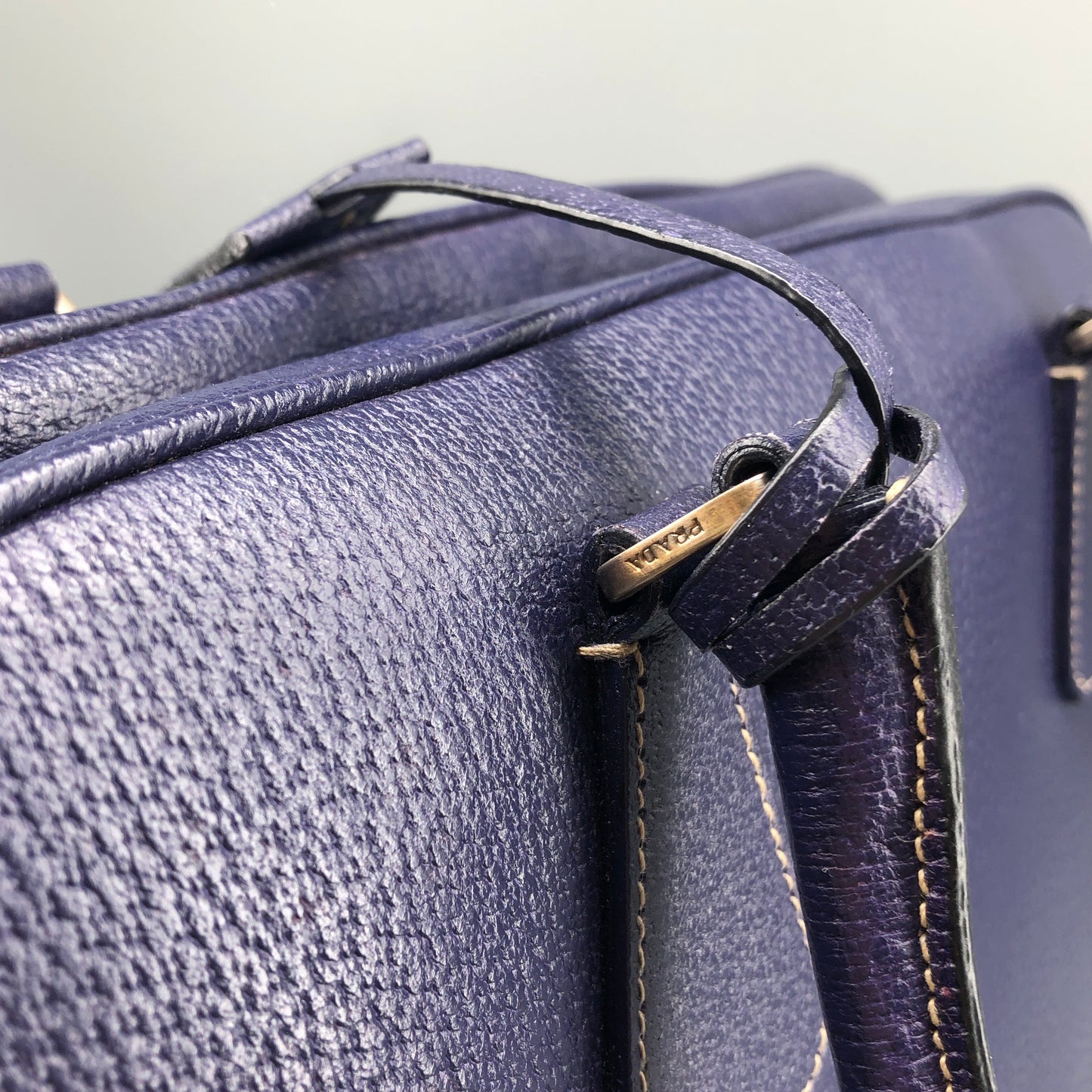 Prada Bauletto Medium Pebbled Leather Handbag Ink Blue