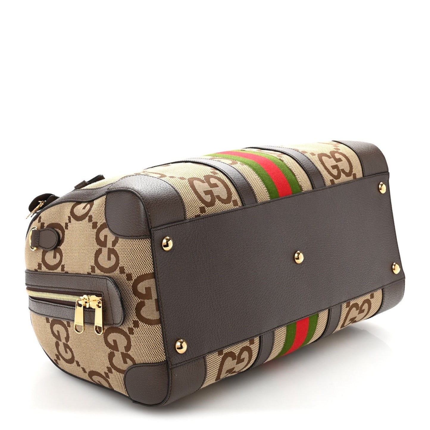 Gucci Monogram Jumbo GG Textured Dollar Calfskin Web Medium Duffle Bag Camel Ebony