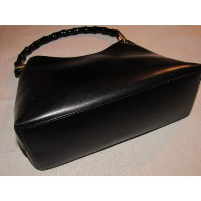 Gucci Shopper Tote With V Shaped Top Bamboo Handle Black Leather Hobo Bag