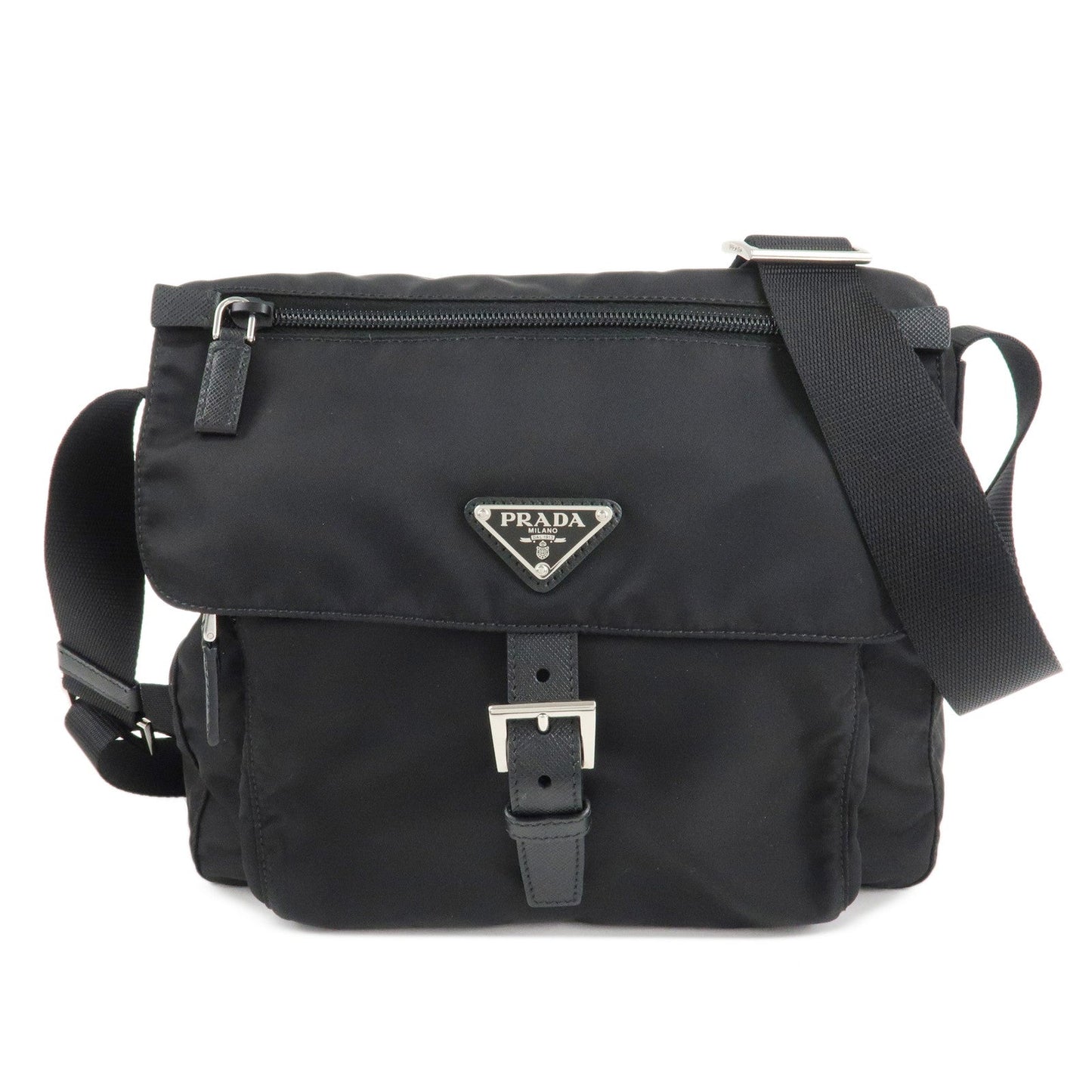 PRADA Logo Nylon Leather Shoulder Bag NERO Black 1BD994