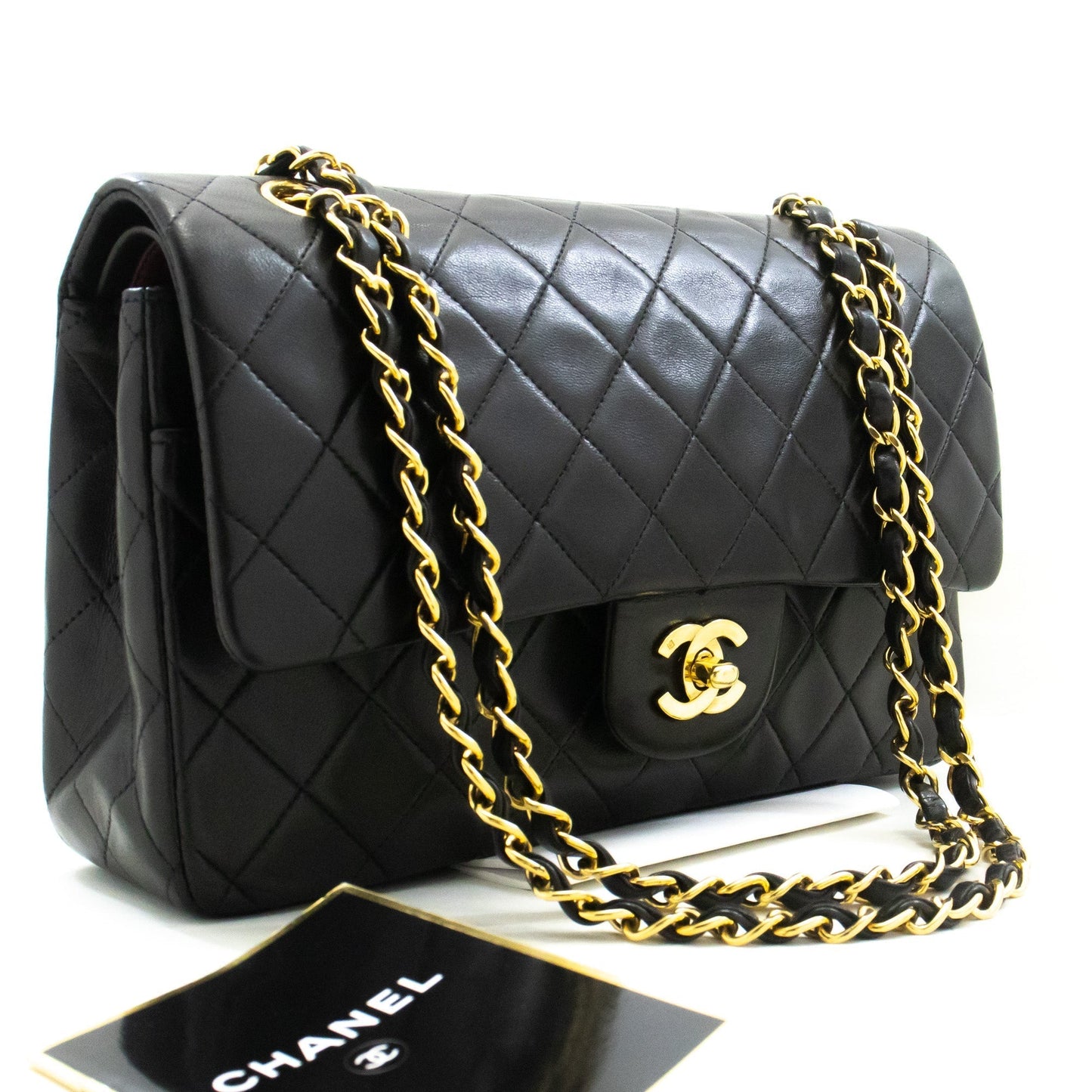 CHANEL Classic Double Flap 10" Chain Shoulder Bag Black Lambskin