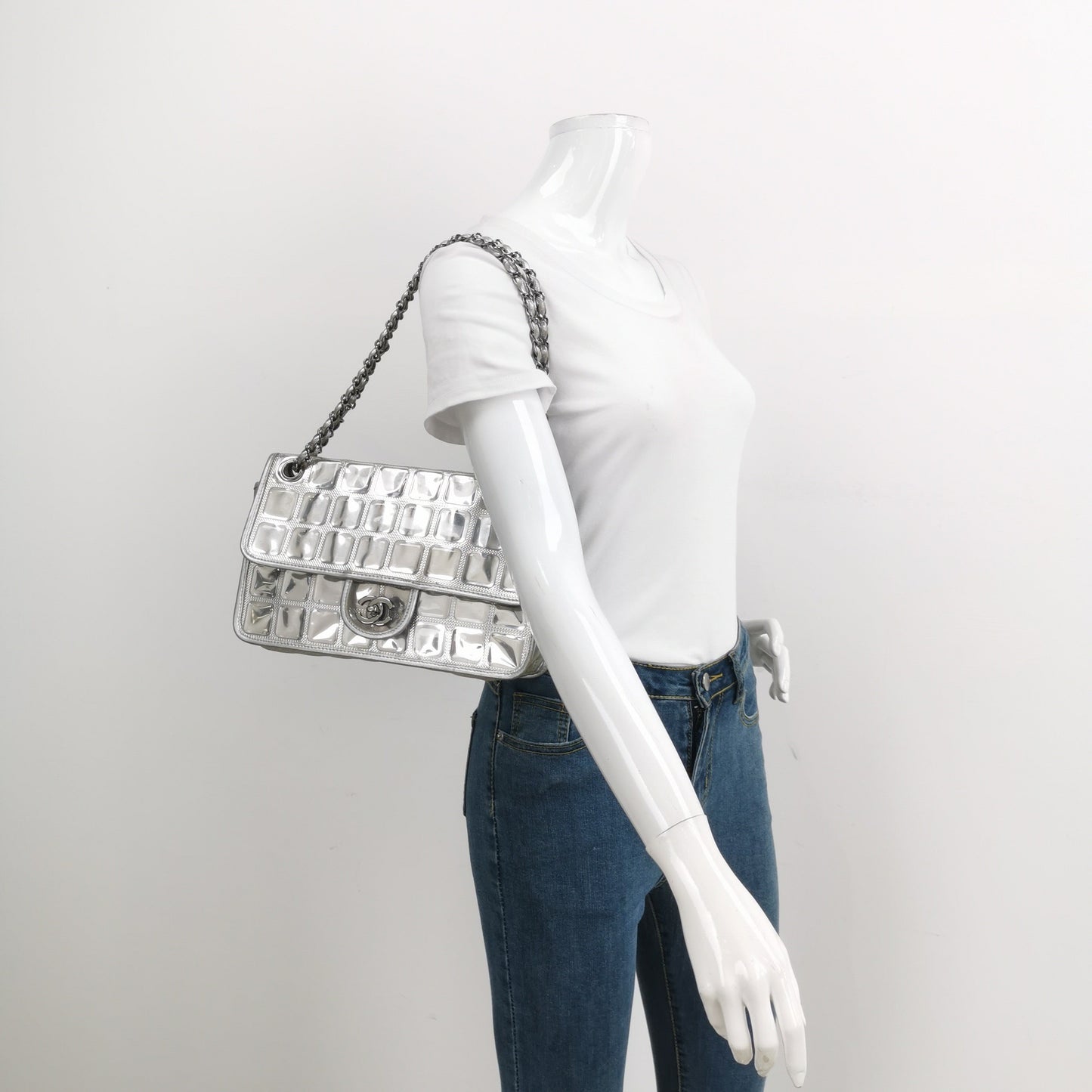 Chanel Ice Cube Chocolate Bar Classic Flap Metallic Silver PVC with Leather
