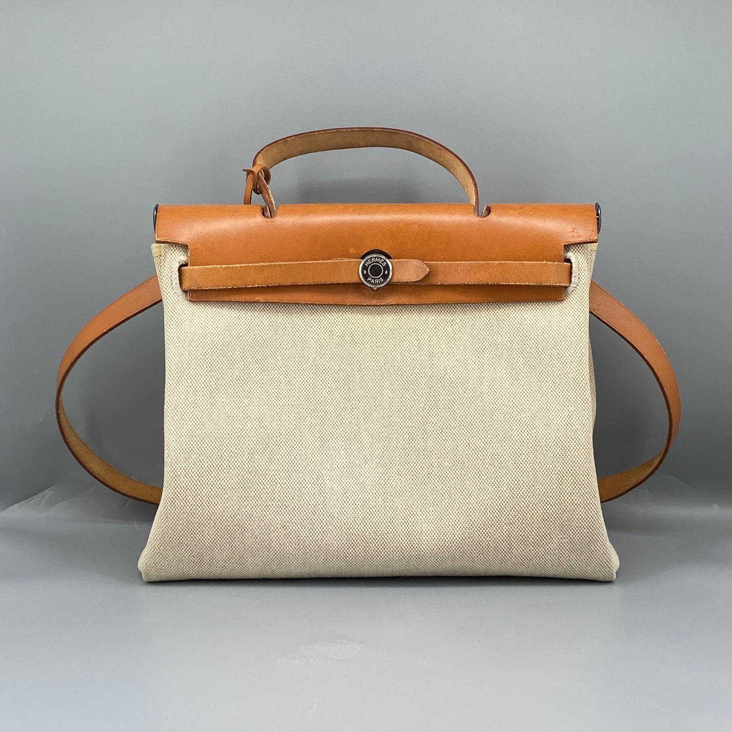 Hermes 2001 Herbag 31 Beige Canvas & Natural Caramel Cowhide Shoulder Bag