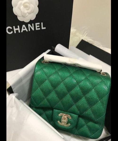 Chanel Classic Clutch Witch Chain  CWC Caviar Green Silver-Toned