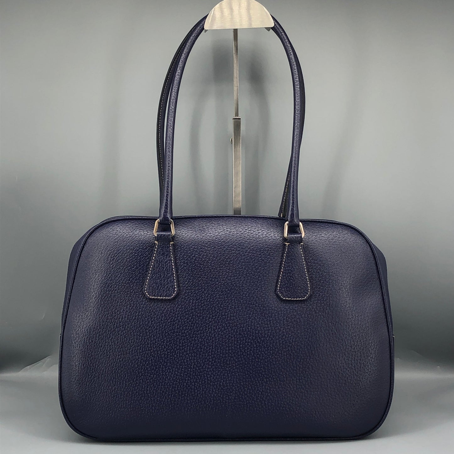 Prada Bauletto Medium Pebbled Leather Handbag Ink Blue