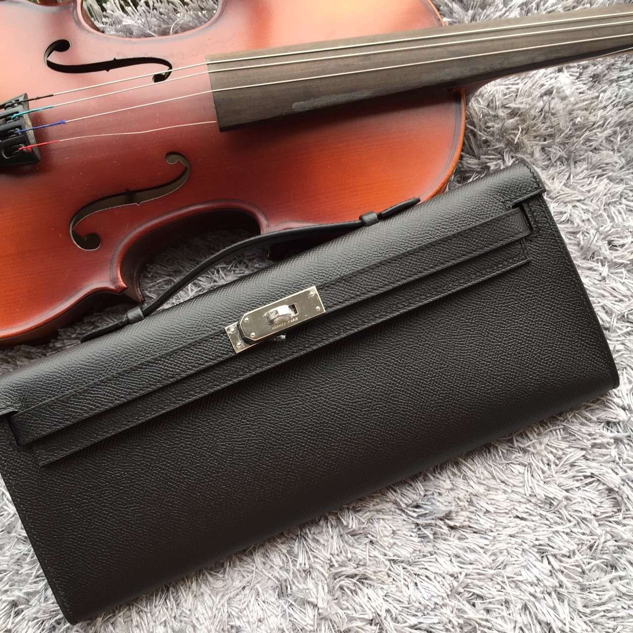 Luxury Hermes Black Handcrafted Kelly Cut Clutch