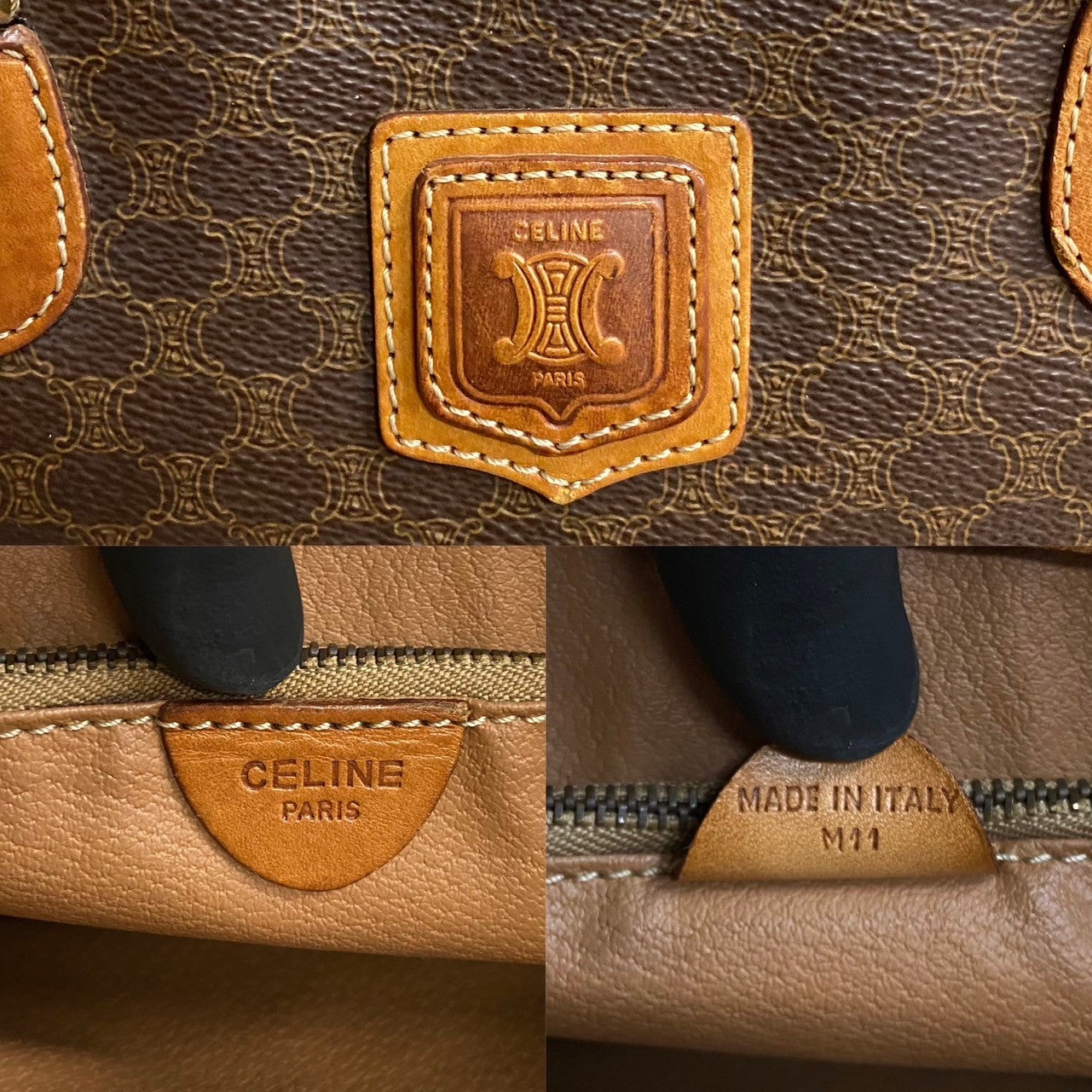 CELINE Handbag Leather, PVC Brown Macadam Women(Unisex)