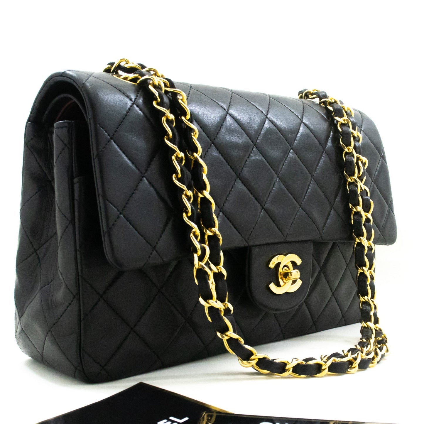 CHANEL Classic Double Flap 10" Chain Shoulder Bag Black Lambskin